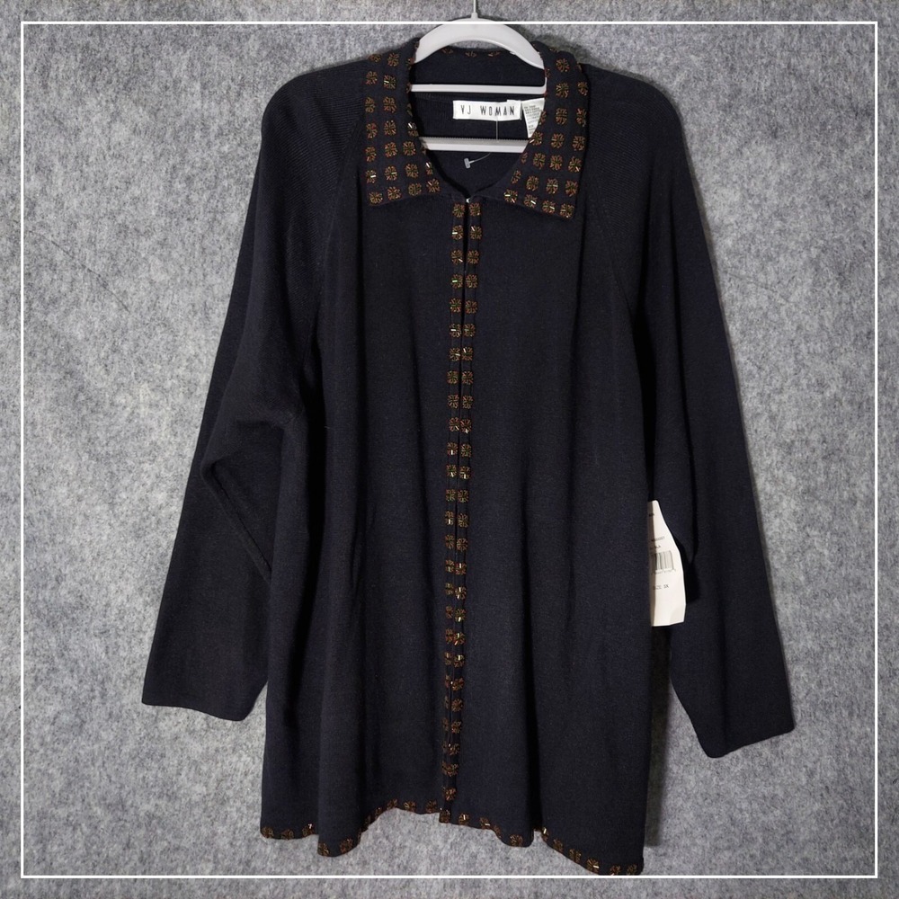VJ Woman Cardigan Women 3X Black Ramie‎ Cotton Beaded Hook Eye Sweater Jacket